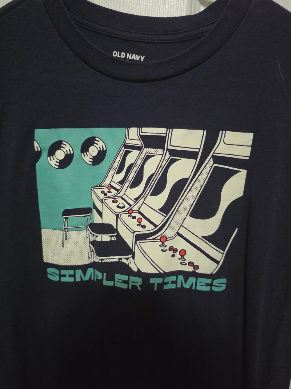 Old Navy Navy Graphic Crewneck Tee with Teal Accent Simple Times - Picture 2 of 3